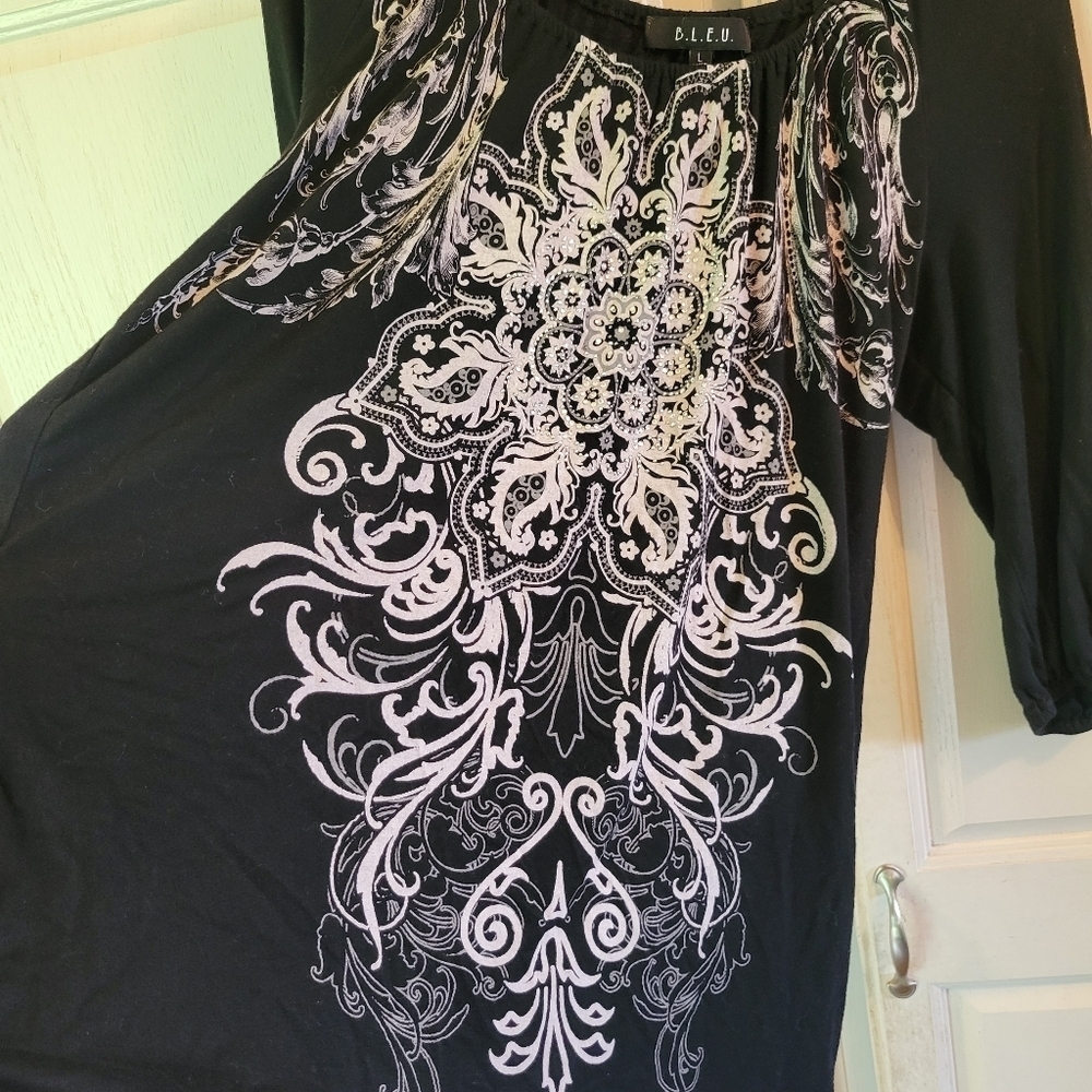 Y2K B.L.E.U. Black Off White Embellished 3/4 Sleeve Blouse Top - Picture 2 of 6